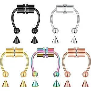 1/5 Pcs Clip On Fake Nose Ring Faux Septum Piercing Magnetic Nose Hoop Double Nose Ring Fake Lip Ring Cartilage Hoop Earring Nose Cuffs Non Piercing