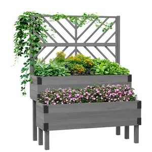 Outsunny Raised Garden Bed with Trellis, 2 Tier Wooden Elevated Planter Box with Legs and Metal Corners for Vegetables, Flowers, Herbs, Natural