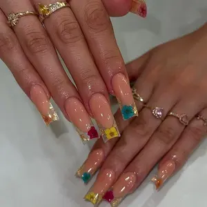 SHEDARES Dry Flower French – SHEDARES Blooming Garden Tips – Nude Press-On Nails with Vibrant Dried Flowers & Gold Foil Accents – Romantic Dates, Bridal Showers & Daily Elegance