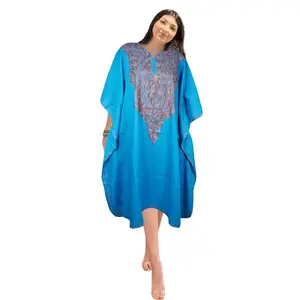 Womens Blue Kaftan Short Dress, Kimono Cotton Embroidered Caftan Dresses L-2X