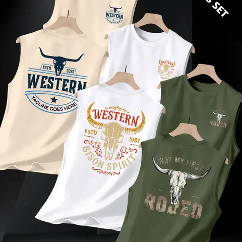 3-Pack Texas Western Cowboy Print Sleeveless Vest, Vintage Bull Head Design, Comfortable Sporty Top, Daily Wear, Unique Style, Tank Vest