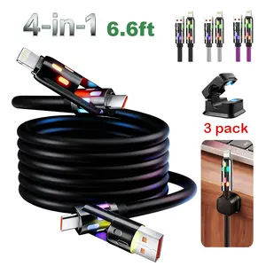 [3 free Magnetic Cord Organizer] 6.6ft  4-in-1 Multi USB Max 240W Fast Charging Cable PD with USB A, USB-C, for Smartphone iPhone17, Samsung, Laptops Charger, Breathing Light, 3 pack Magnetic Cord Organizer Holder