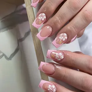 24pcs Medium Square French Nail Set, Floral Design, Flower Nails, Glossy Acrylic False Nails, Easy Wear, Suitable for Women and Girls