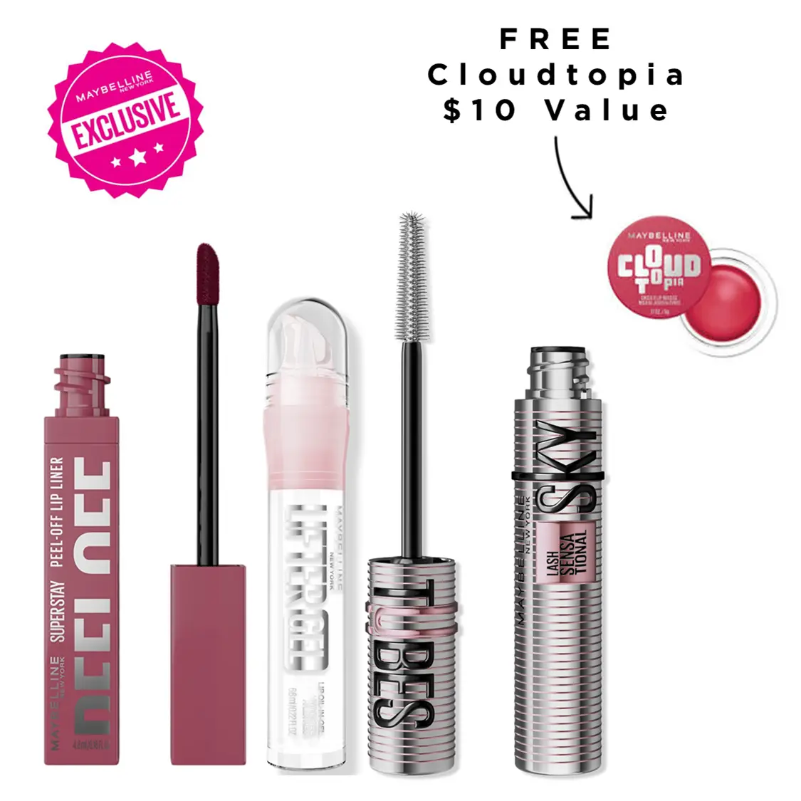 Maybelline Hot Seller Set, Sky Tubes Tubing Mascara, Peel-Off Liner, Lifter Gel Mintini, Get Free Cloudtopia Maybelline Hot Seller Set, Sky Tubes Tubing Mascara, Peel-Off Liner, Lifter Gel Mintini, Get Free Cloudtopia