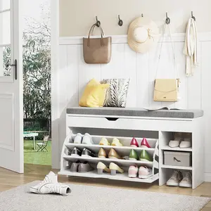 VOWNER Shoe Storage Bench with 3-Tier Flip Drawer & Padded Cushion, Shoe Rack Bench with Flip-Open Storage Box, Shoe Storage Organizer for Entryway, Hallway, Living Room, White