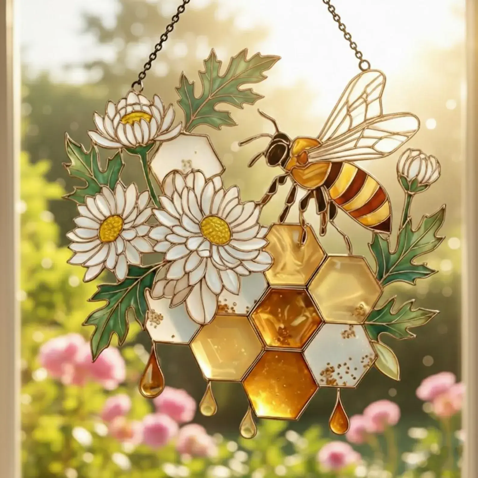 Bee Honeycomb Suncatcher, Window Hanging Art, Cottagecore Bee Lover Gift, Stained Glass Mosaic, Winged Window Hanging, Prism Accent, Boho Ornament