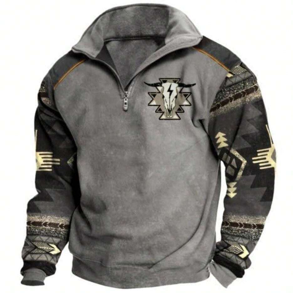 Mens Cowboy Vintage Bull Head Print Western Sweatshirt For Men Casual Long Sleeve 1/4 Zip Pullover
