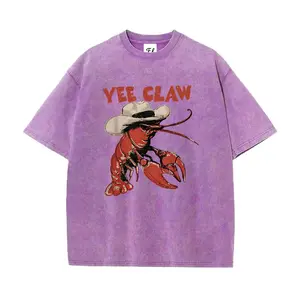 Yee Claw Funny Lobster Graphic T-Shirt - Women's Vintage Acid Wash Summer Tee - Retro Western Cowboy Crawfish Oversized Top