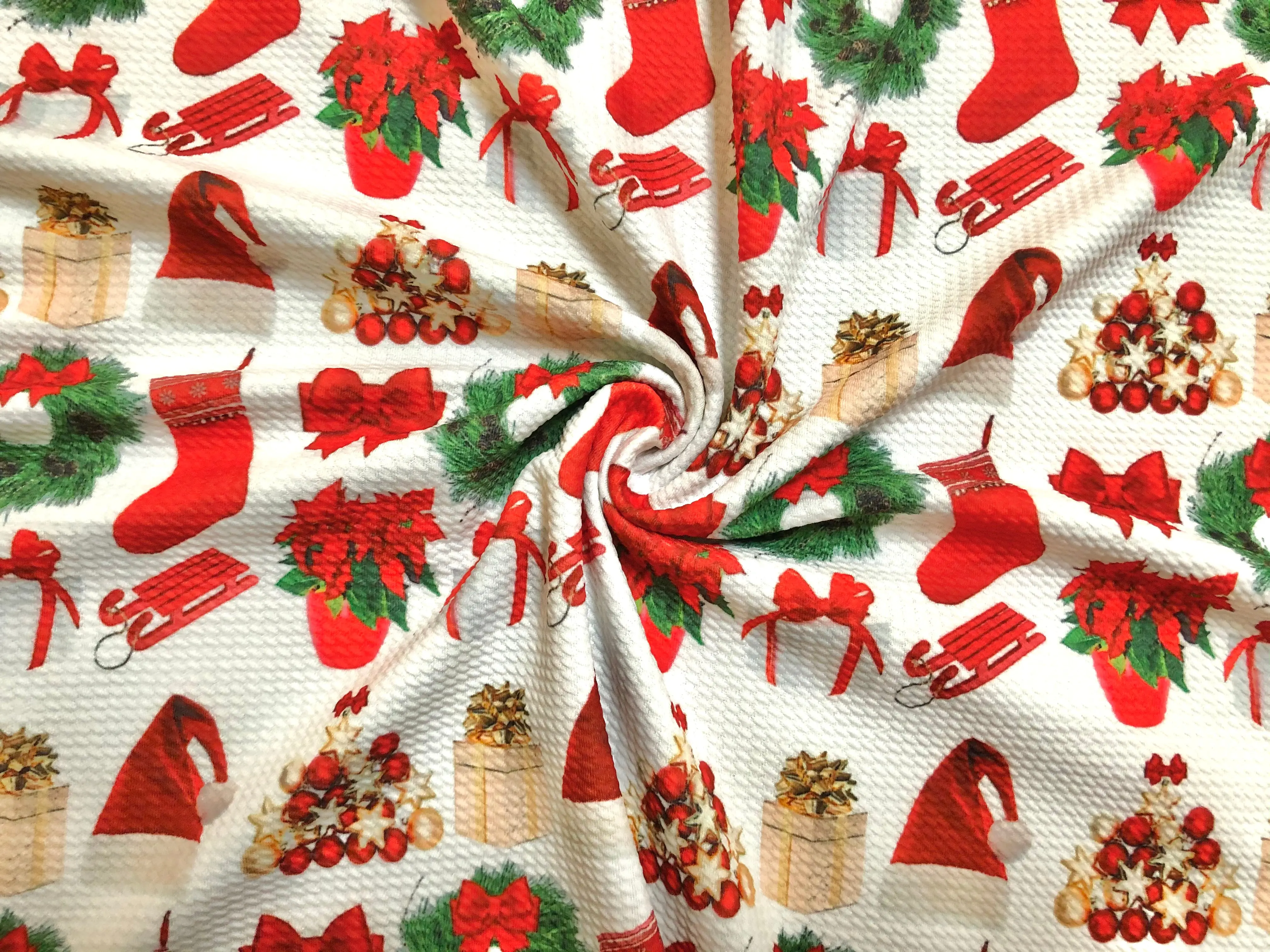 Ivory Christmas Wreath Poinsettia Gift Bullet Knit Fabric – Textured 4 Way Stretch, 58" Wide, 200 GSM – By the Yard