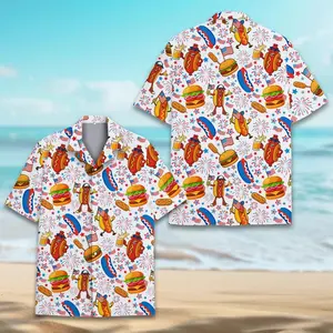 Hot Dog Burger American Flag Hawaiian Shirt For Men Women Youth, Funny Foodie Patriotic Button-Down, 4th of July Shirt Short Sleeve