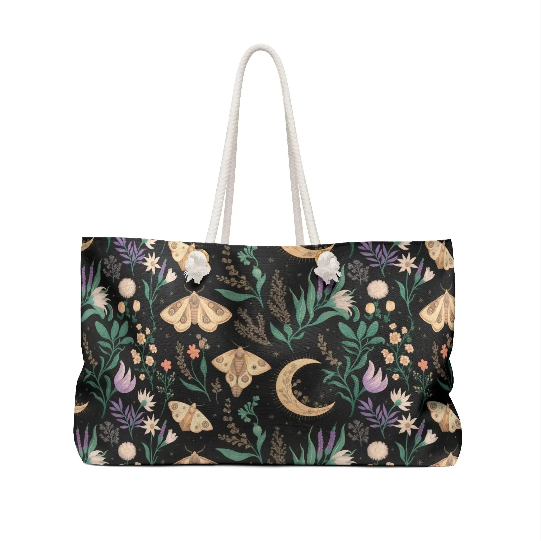 Oversized Cottagecore Tote Bag for Women, Vintage Celestial Moth Graphic Print, Lightweight Weekender with Cream Rope Handles for Travel, Oversized Tote, Structured Bottom, Vintage Print, Weekend Trips, Vintage Prints, Synthetic