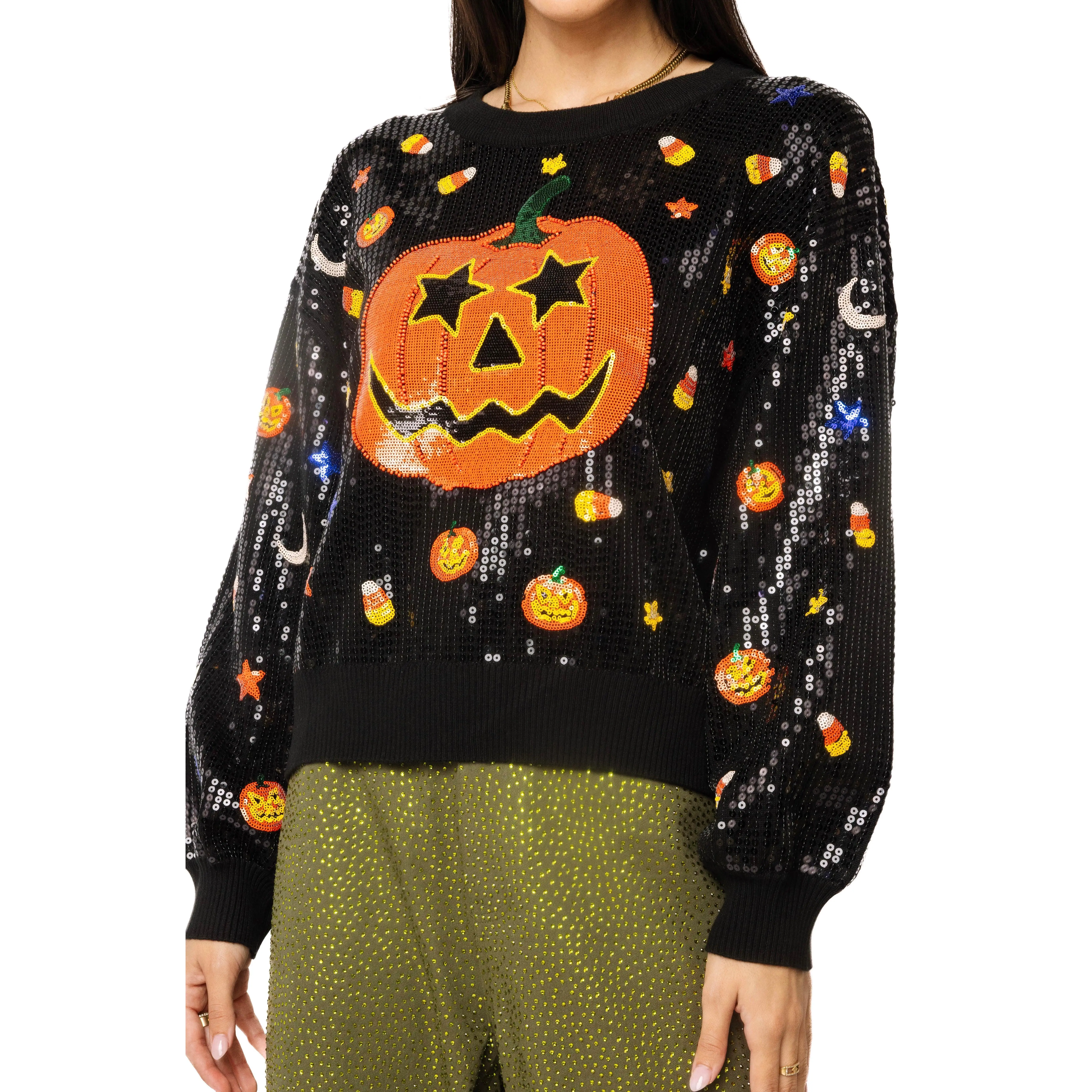 Queen of Sparkles Full Sequin Pumpkin & Mini Icon Sweater