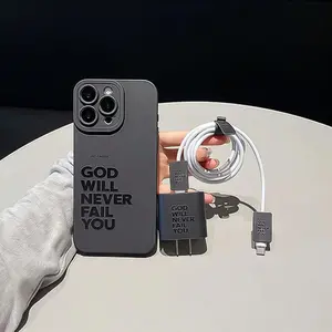Phone Case with Bible Verse Pattern & Charger Head Cover & Cable Protector & Storage Lanyard, Anti-drop Phone Case for iPhone, Cellphone Casing, Phone Accessory