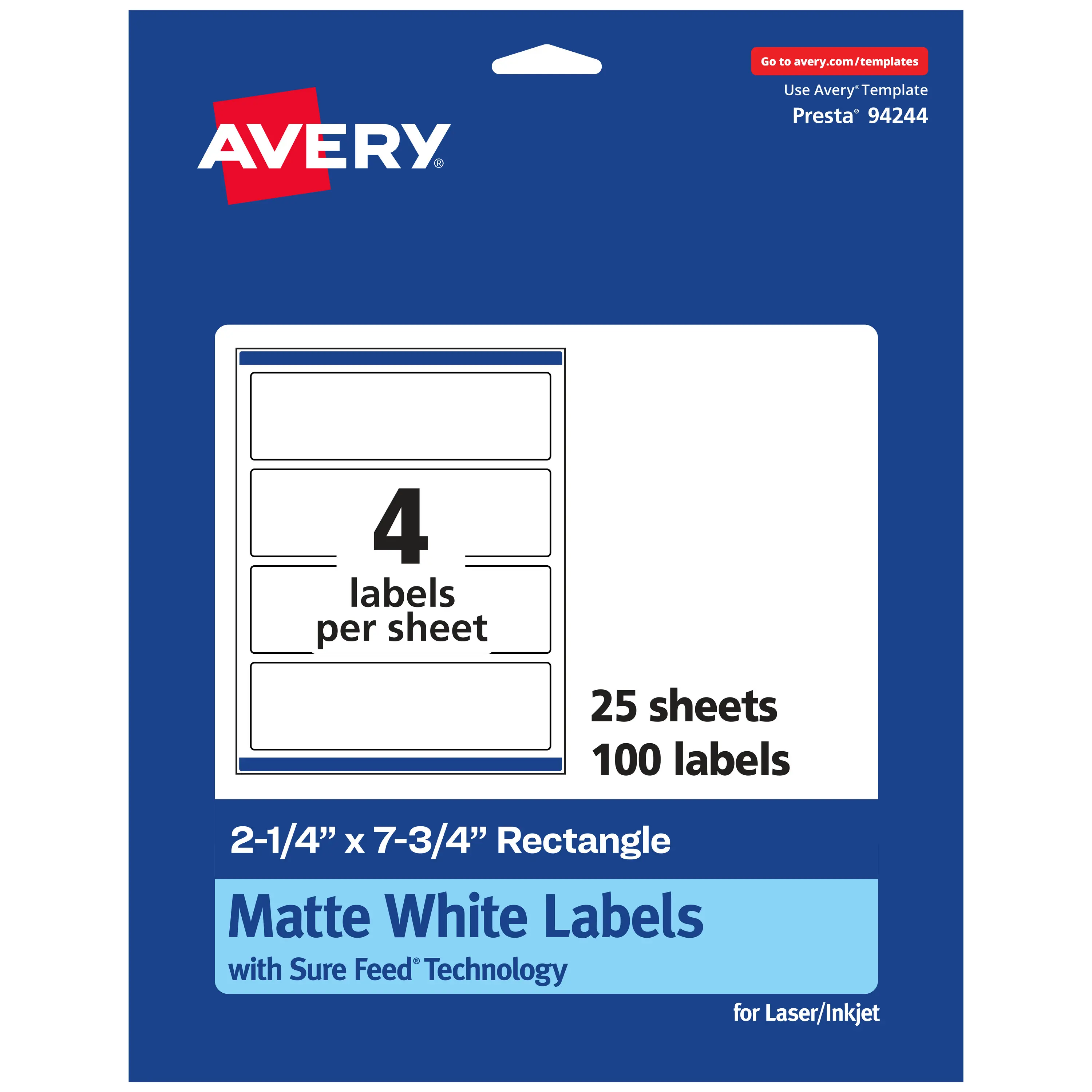 Avery Matte White Rectangular Labels - 2.25" x 7.75" Bottle Labels, Laser/Inkjet Compatible, Print Edge Design for DIY Users