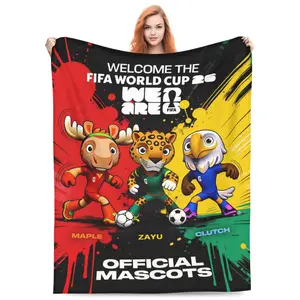 FIFA World Cup 2026 Mascot Design Flannel Fleece Blanket with Clutch Zayu Maple Ultra-Soft Plush Throw for Soccer Fans Couch Bed All Season Living Room Home Decor