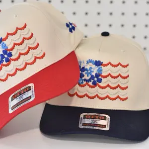 Otto Trucker Hat Floral Flag Design Patriotic Style with Red and Blue Floral Patterns