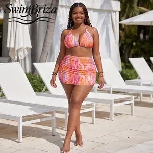 Briza｜High Waisted Plus Size Bikini Set for Women Pink Orange Swirl Pucci Print Triangle Top Two Piece Bathing Suit with Cover Up Retro Vacation Swimwear Summer Beachwear, Women's Swimwear, Bathing Suit for Women, Cover Up Swimwear