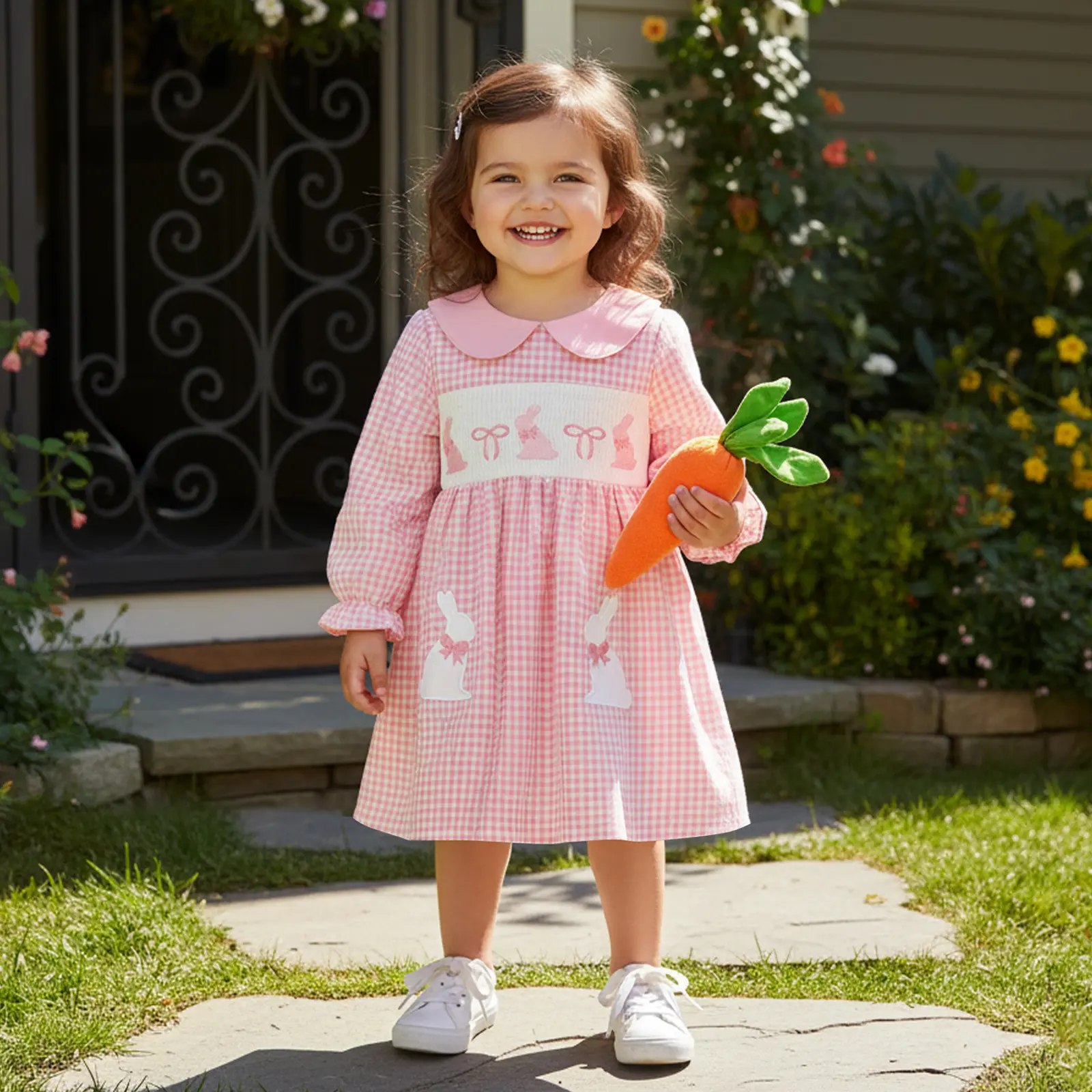 Toddler Outfit, Baby Girls Clothing - Easter Plaid Bunny Bow Embroidered Long Sleeve Smocked Doll Collar A-line Dress for Spring, Fall, Long Sleeves, 12-18 Months, Easter Theme, Plaid Pattern, 2 - 3 Years, 4-5 Years, Polyester Blend