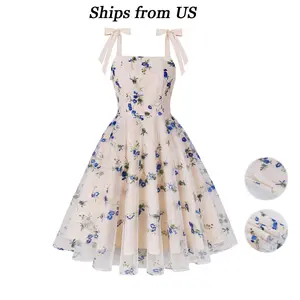 Floral Tulle Dress Bow Strap Square Neck Fit Flare Midi French Vintage Romantic Bridal Shower Garden Party Wedding Guest Outfit Fabric Soft Cute Women