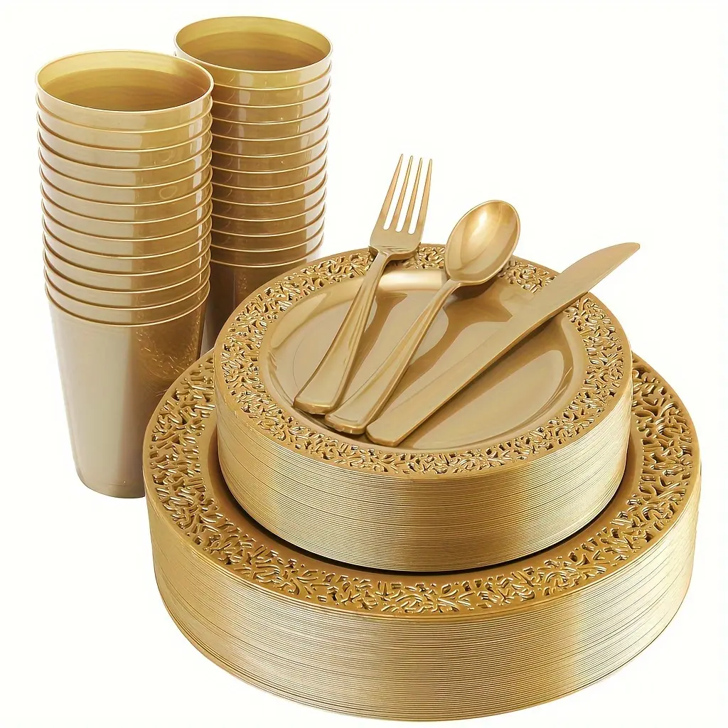 New 150Pcs Gold Plastic Plates Clear and Gold Silverware & Gold Cups Lace Design Gold Dinnerware Include: 25 Dinner Plates 25 Dessert Plates 25 Cups 25 Gold Silverware for Wedding Party Cutlery Round
