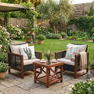 3-Piece Outdoor Wicker Sofa Set with Washable Cushions and Acacia Wood Coffee Table, Suitable for Bistro, Garden, or Balcony (Be