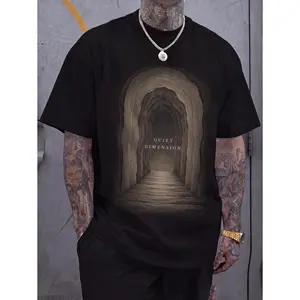 Black Cave Arch Graphic Tee Quiet Dimension Tunnel Stairs Vintage Sepia Illustration Printed Tee Unisex Top Streetwear Style Aesthetic Tee Casual Wear Summer Shirt Soft Fabric Trendy Design Moody Grunge Layered Contour Artful Illustration