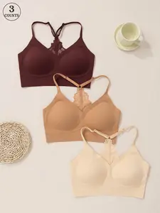 3pcs wireless lace back comfort bra wide straps for steady support padded shaping solid minimizing casual style for daily and light exercise