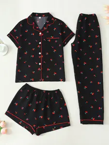 Women's Sleepwear Set, Short Sleeve Cardigan Top + Shorts + Pants, Cherry Print, Casual Fitted Style, All Seasons, Pajama Set