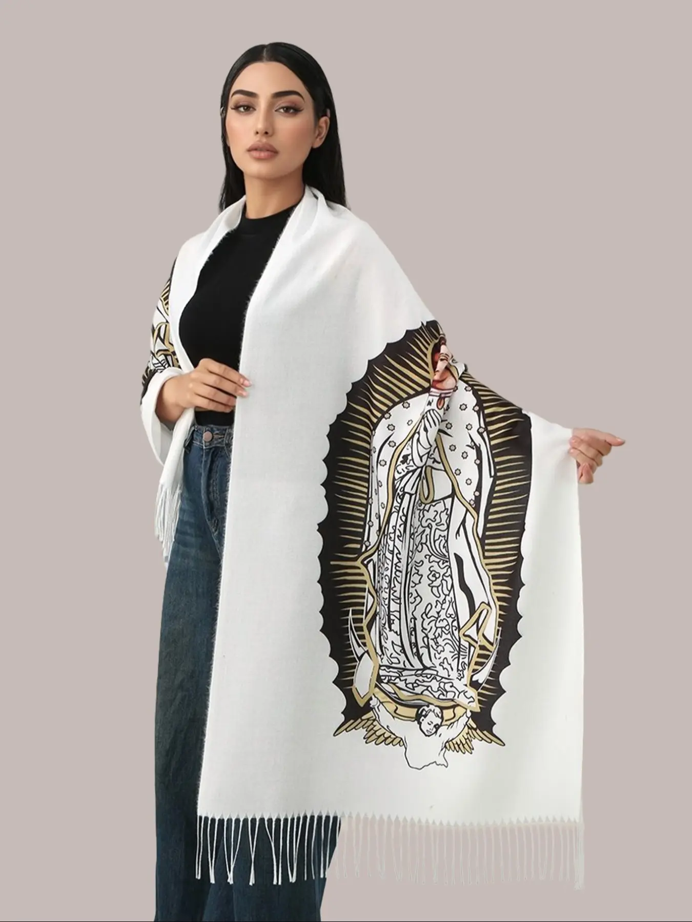 Elegant Women's Shawl Scarf, Fashion Shawl, Fringe Trim Shawl, with Tassel Trim, Windproof and Warm, Non Elastic Fabric, Wrinkle Resistant, Perfect for Valentine's Day, Tassel Decor Shawl