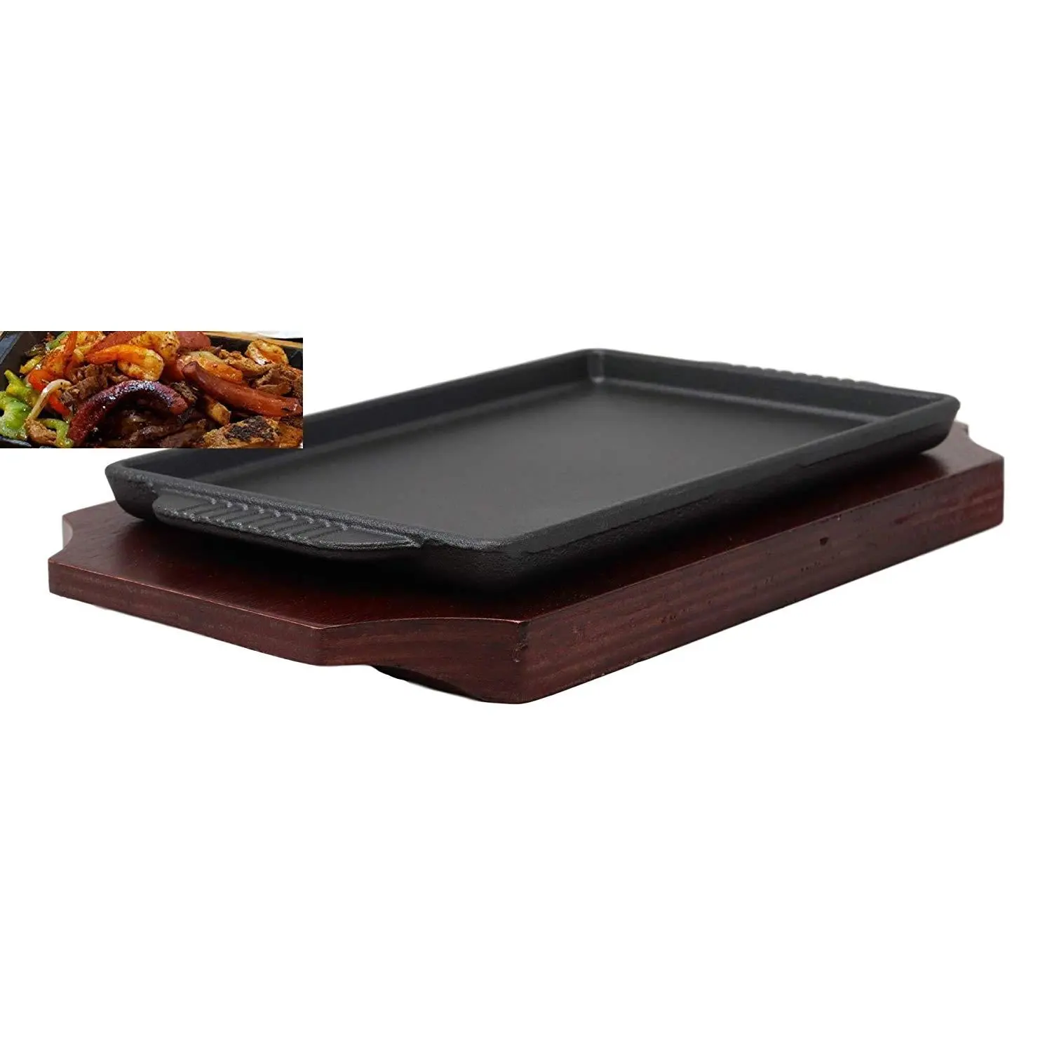 Cast Iron Sizzling Fajita Steak Stir Fry Skillet Pan Plate & Wood Base Set 8.25"