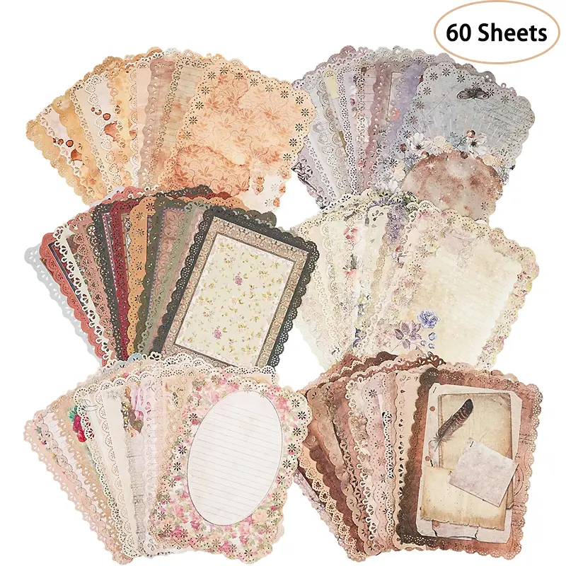 Vintage Lace Edged Craft Paper Set - 6 Packs (60 Sheets Total, 4.9x6.9in Lined) for Shabby Chic Journals, Astrology-Themed DIY Crafts, Perfect Gift Home Decor Supplies