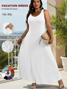 Women's Plus Size Sleeveless Maxi Dress, Sexy Scoop Neck A-Line Chic Vacation Dress, Summer Tummy Control Beach Cover Up with Pockets