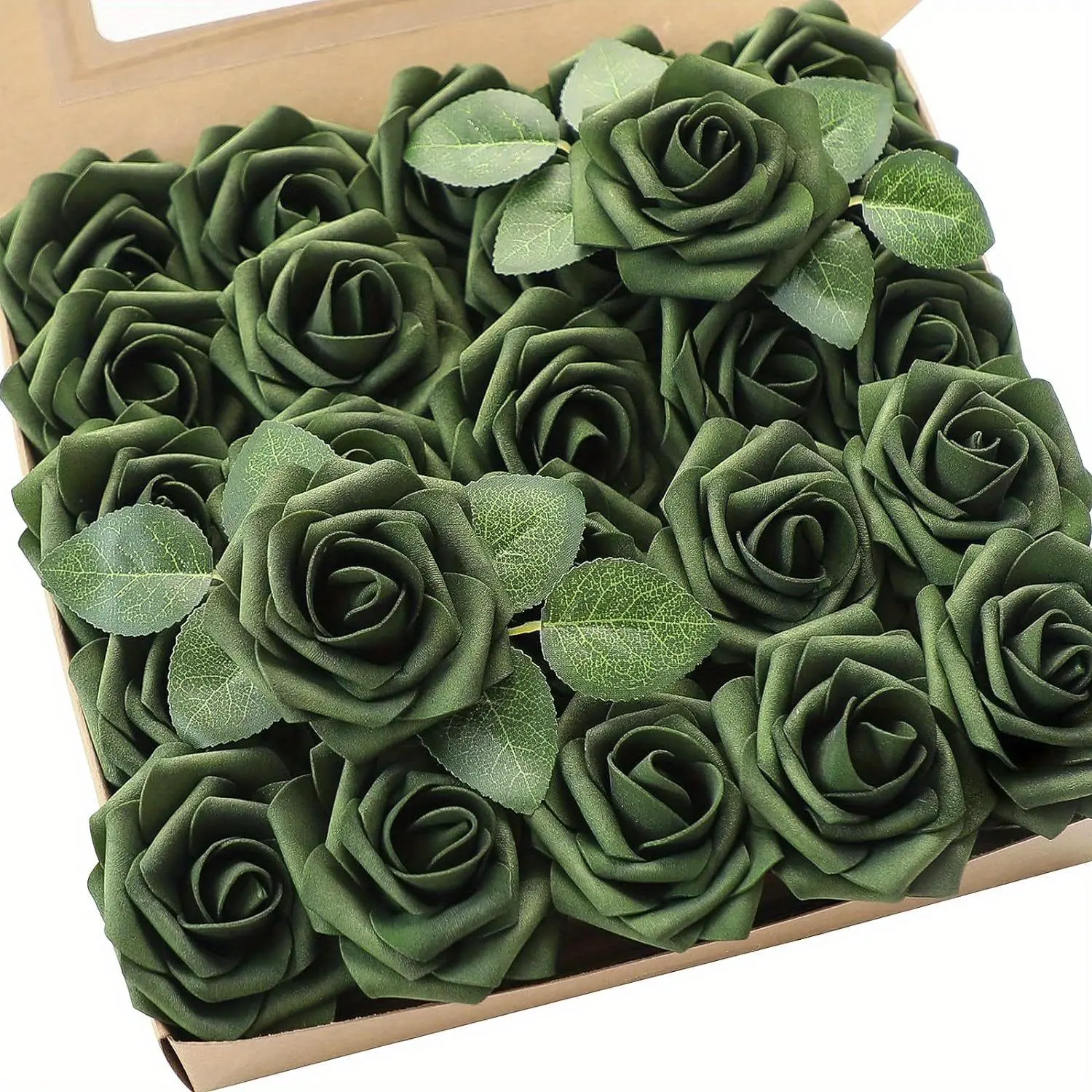25pcs Synthetic Green Decorative Fake Rose Flowers, Real-Looking Emerald Green Foam Roses with Stems for DIY Wedding Bouquets, Home Decor & Gift Use, Fake Flowers, Leaf