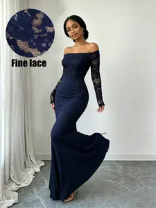 Elegant Women's Navy Lace Long Sleeve One-Shoulder Mermaid Long Dress, Formal Wedding Guest Gown, Evening Party Dress, Graduation Dancewear