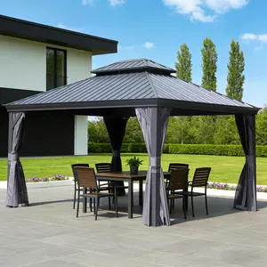 13x15 FT Hardtop Gazebo, Galvanized Steel Double Roof Outdoor Metal Gazebo with Integrated Drainage, Patio Pergola with Privacy Curtains & Mosquito Netting for Backyard, Deck, Patio, Gray