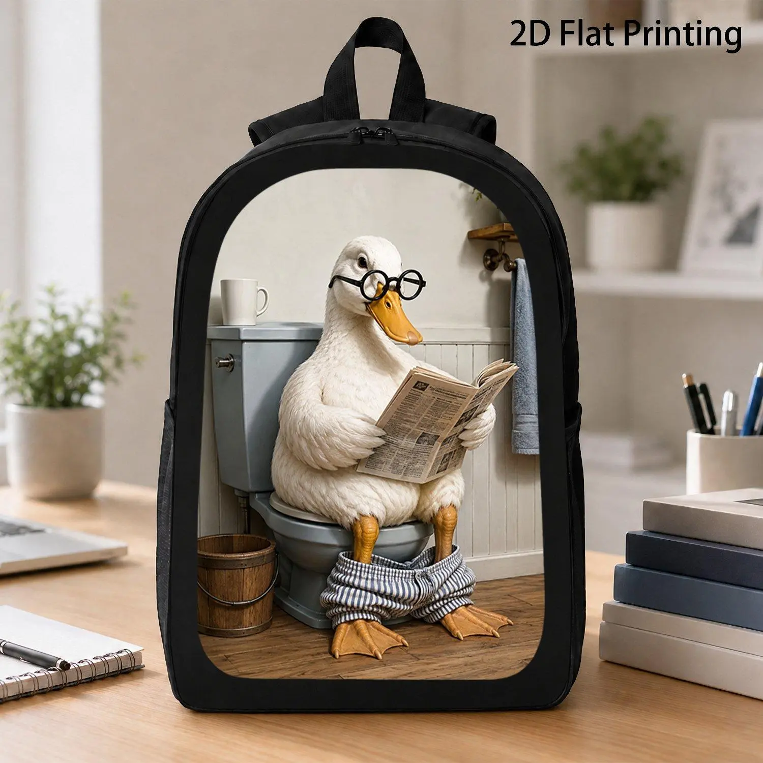 17 Inch Backpack 1pc White Duck With Glasses Reading Magazine On Toilet Funny Bird Print Backpack Unique Casual Laptop Bag Trendy Aesthetic Daypack For School Travel