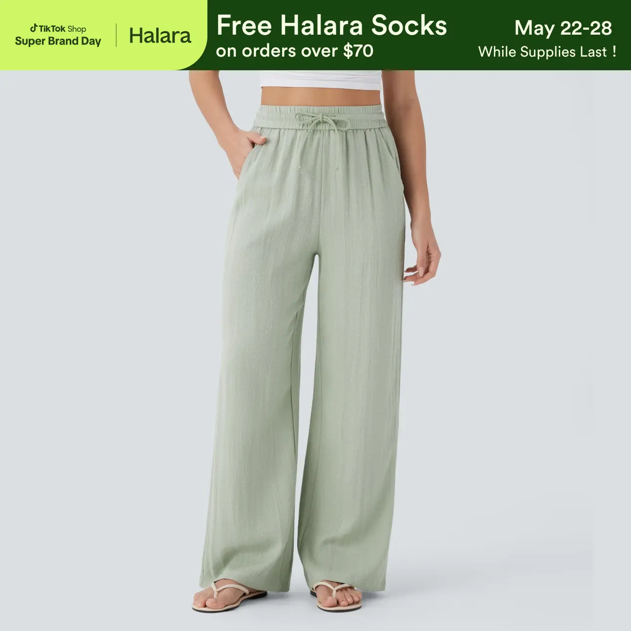 Halara High Waisted Drawstring Pocket Wide Leg Casual Linen-Feel  display picture 1