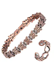 Magnetic Copper Bracelet & Ring Set, Fashionable Jewelry Set, Butterfly Design, Adjustable Hollow-Out Style Jewelry Gift for Women, All-Season Wear