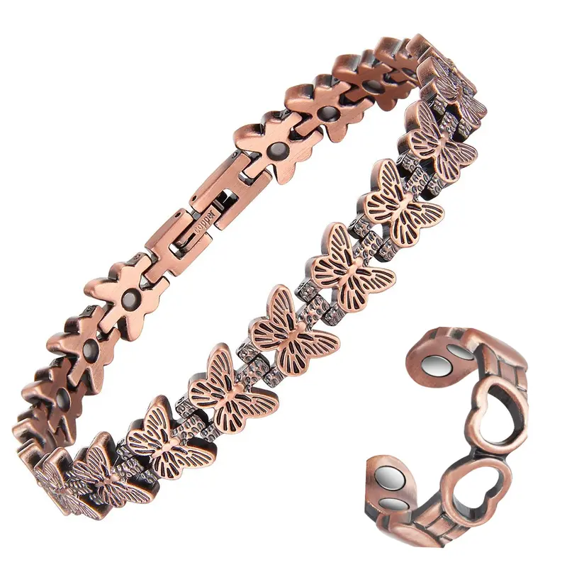 Magnetic Copper Bracelet & Ring Matching Jewelry Set, Butterfly Design, Adjustable Hollow-Out Style Jewelry Gift for Women, All-Season Wear