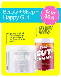 AM/PM Gut Glow Stack Bundle: One bottle of GG360 Zero Sugar Tri-biotic Gummies- One Bottle of RSN to Promote Better Sleep. Gluten-Free, Vegan, Non-GMO