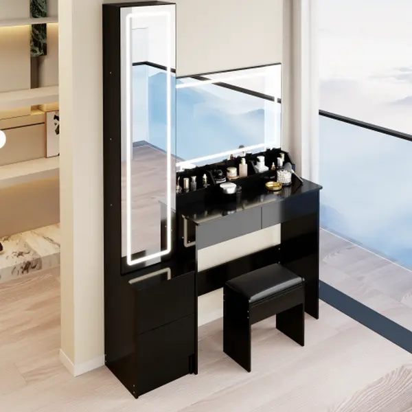 Extra Large LED Vanity Table Set with Full Body LED Mirror Cabinet & Cushioned Stool, Dual LED Mirrors, 3-Color Dimmable Touch Control, High Capacity Storage