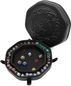 Dice Tray and Storage Case for Up to 115 RPG Dice - Premium PU Leather Construction with Embossed Dragon Design & Non-Scratch Interior Quick Magnetic Closure