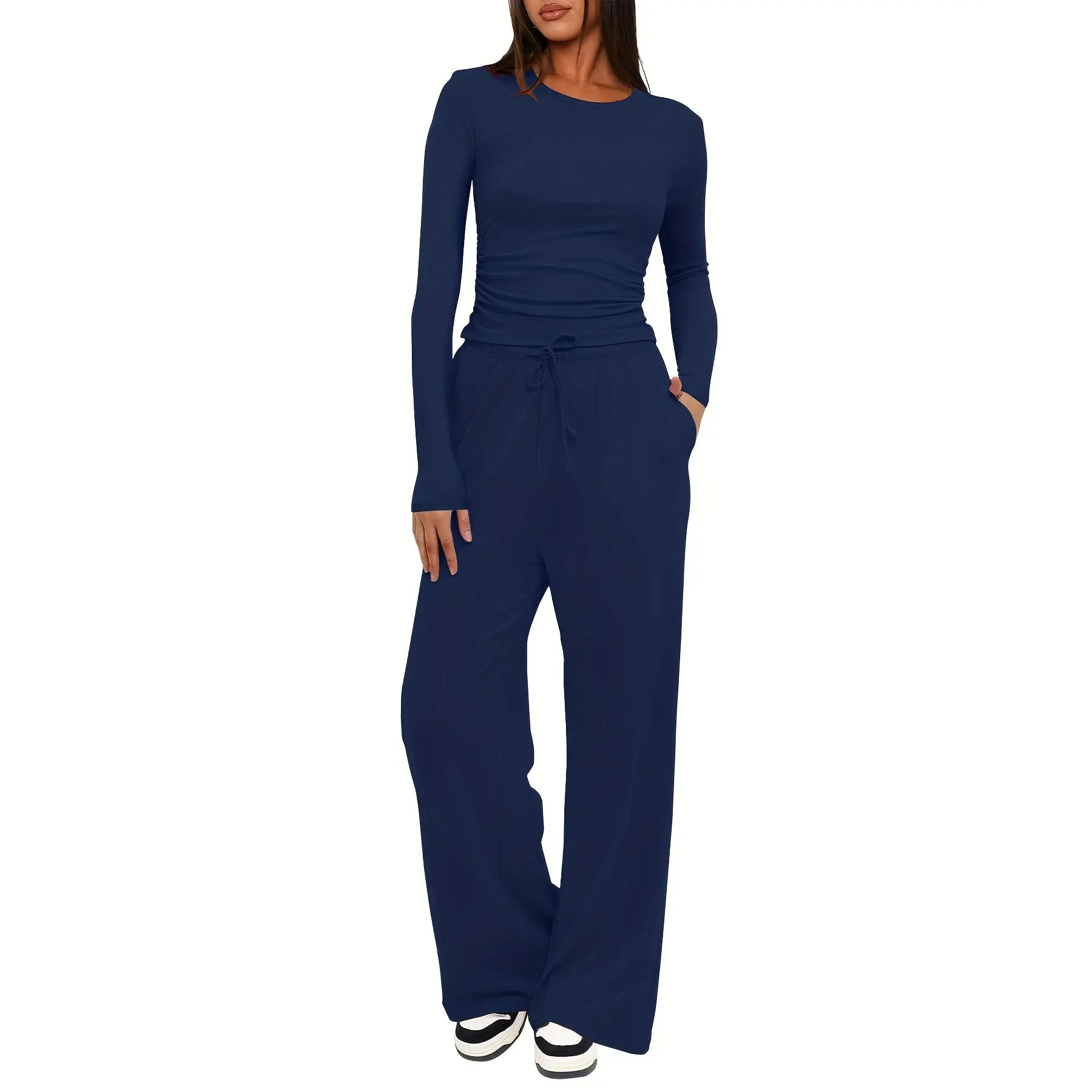 2pcs Women's Polyester Sportswear Set - Solid Color Crew Neck Long