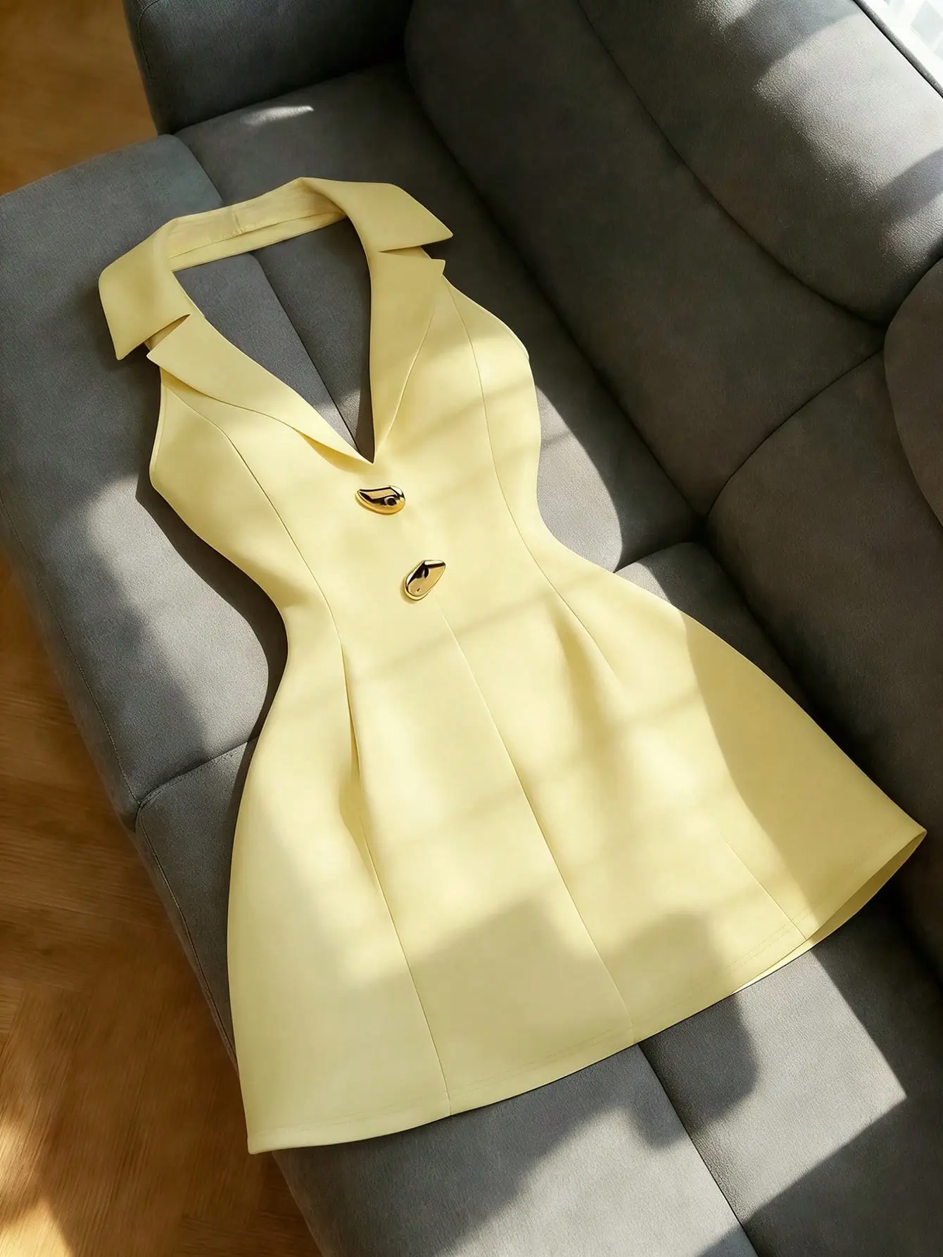 Women's Golden Yellow Halter Mini Dress | Lapel Collar Metal Detail Waist Cinching Dress With Elegant Tropical Cocktail Style | Summer Vacation Wedding Guest Party Brunch Holiday Date Night Resort Going Out Outfit For Women Fabric Formal