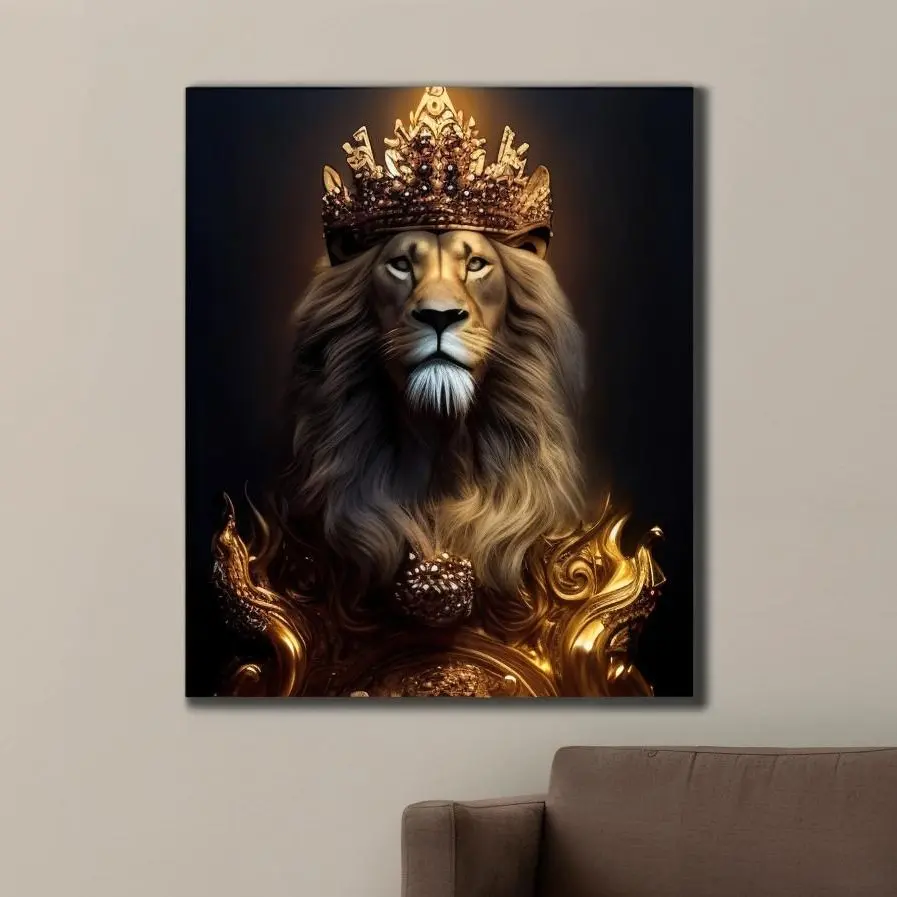 Crowned King Lion Painting, Modern Lion Wall Art, Large Room Decor and Home Wall Art Poster Artwork Ornaments Decoration
