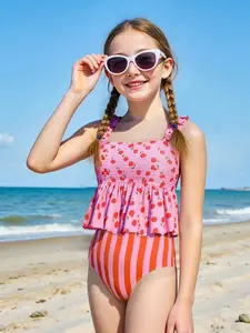 Girls Tomato Striped Ruched Strap Fly Hem Tankini Bikini Set Set (Sibling Outfits Matching Outfits, 2 Pieces Are Sold Separately)