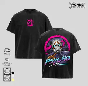 Borderlands inspired washed vintage graphic tee 100% cotton 230 GSM heavyweight oversized streetwear bold comic shooter style unisex trending US fit