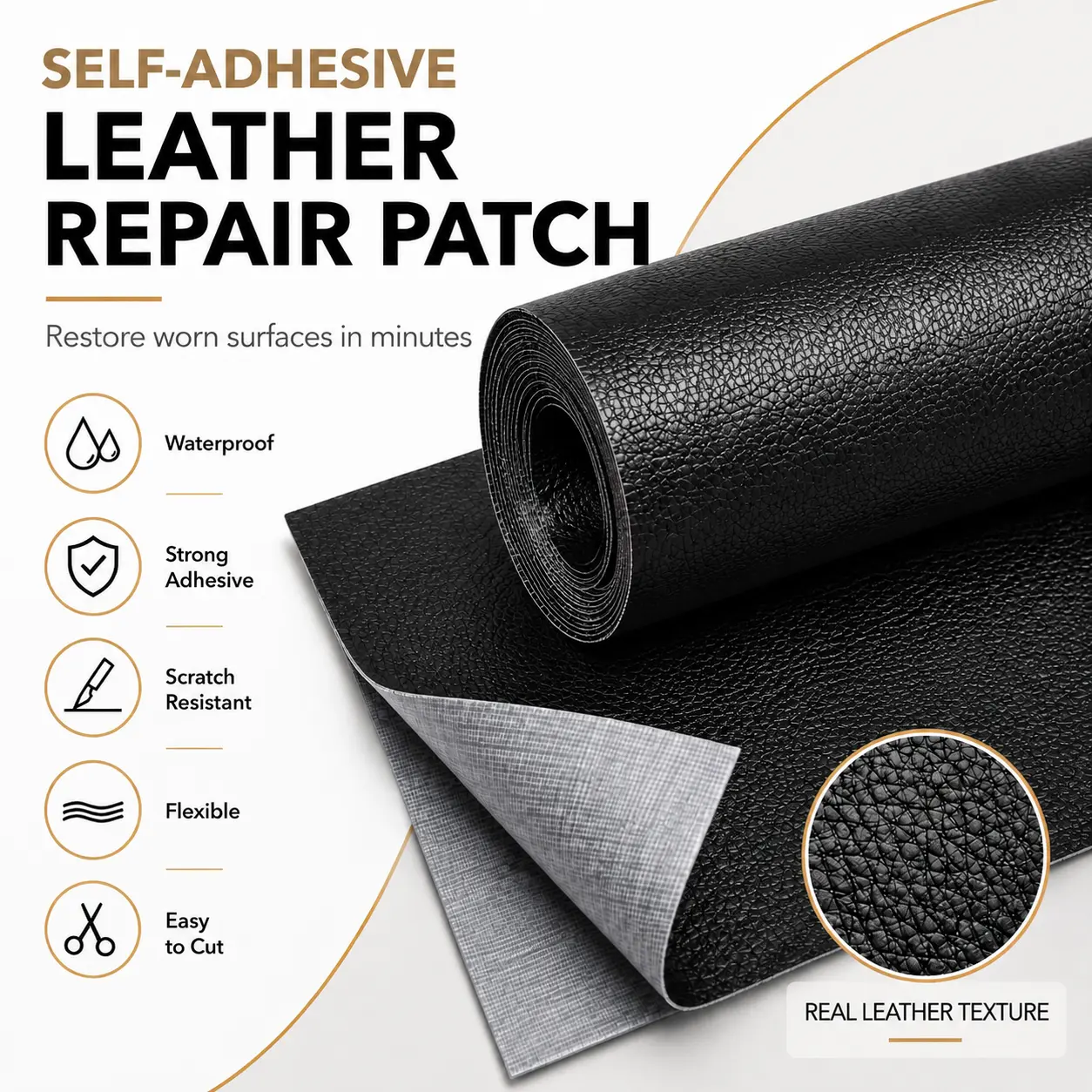 20x54 Inch Self-Adhesive Leather Patch – Waterproof PVC Upholstery Repair Fabric – Cuttable Vinyl Sticker for Sofas, Car Seats & Office Chairs – Heavy Duty Peel & Stick Cover for Scratches, Tears & Burns – Easy Application