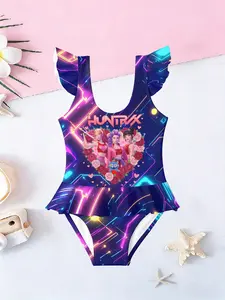 Girls Huntrax Swimwear Neon Laser Ruffle Heart Wreath Character Print One-Piece Swimsuit, Slim-Fitting Sleeveless Design Casual Style