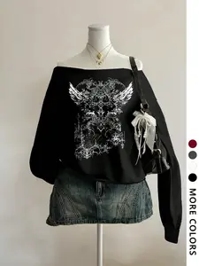 Women's Y2K Punk Style Casual Cross Wing Floral Pattern Hoodie, Loose Fit Half-Zip High Neck Pullover, Womenswear Comfortable Fall & Winter Top